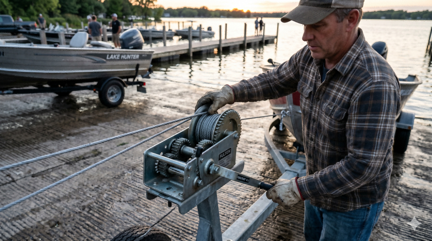 Two-speed manual trailer winch with exposed gear train and steel cable used for controlled marine loading